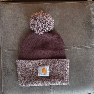 Carhartt Womens Maroon Knit Beanie with Pom-Pom